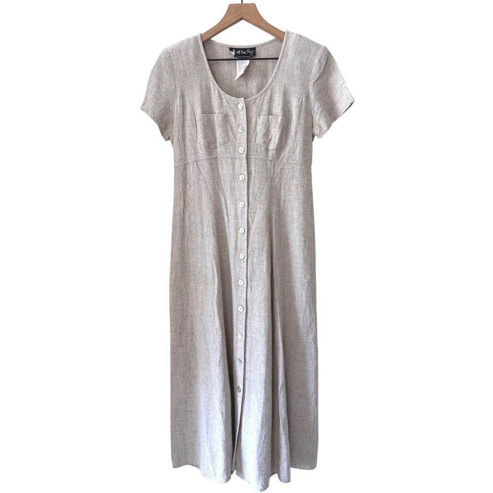 Vintage Midi Dress Size 5/6 Tan Linen Blend Button Front‎ Tie Back Cottagecore